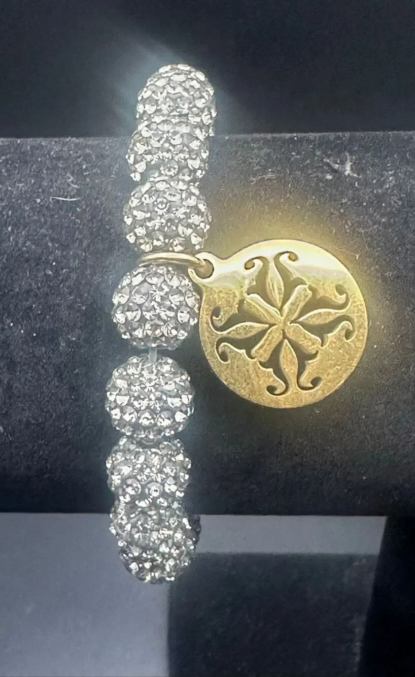 Rustic Cuff Silver Stretch Bracelet with gold dangle logo